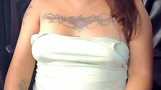 latina whore drives on highway, flashing her natural tits and panties in public for sexy homemade fun