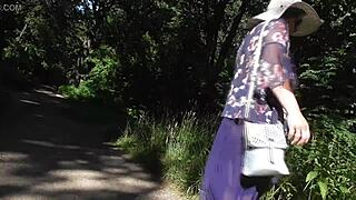Hairy mature FLASHES pussy in PUBLIC park