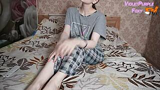 Hot and slow nipple teasing leads to hard shaking orgasm for petite teen