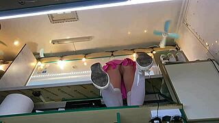 the boss is playing with his sexy shop assistant pussy while she talks to the customer