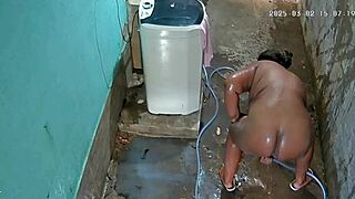 Hidden camera records stepmom bathing and showing off in backyard