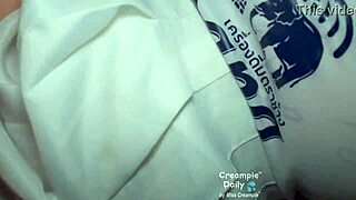 this plump asian slut in skirt rides cowgirl on big cock in bedroom. ends with juicy creampie in her tight shaved pussy during homemade session.