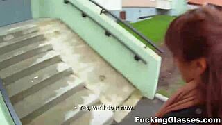 Glasses girl fucks on stairway without shyness