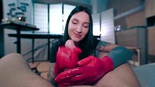 sexy nurse in latex gloves helpd patient with semen analysis