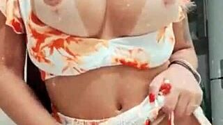 Delicious brunette teasing you with her big tits?