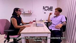 Colombian milf fucks boss to pay husband's debt, gets ass filled with cum