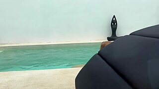 Pretty teen girlfriend moans riding poolboy in quickie