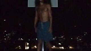 mature teacher does fitness workout in park with skinny solo routine