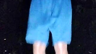 mature teacher does fitness workout in park with skinny solo routine