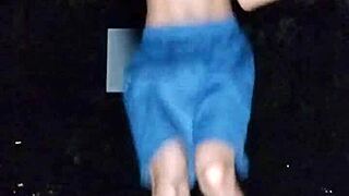 mature teacher does fitness workout in park with skinny solo routine