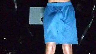 mature teacher does fitness workout in park with skinny solo routine