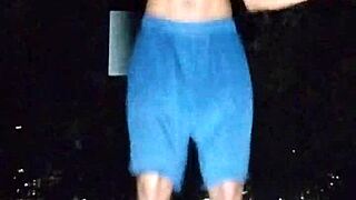 mature teacher does fitness workout in park with skinny solo routine