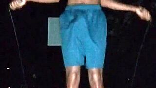 mature teacher does fitness workout in park with skinny solo routine