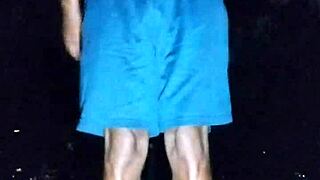 mature teacher does fitness workout in park with skinny solo routine