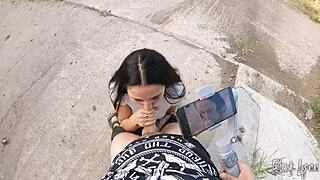 She begged me to film her blowjob skills, swallowing cum outdoors.