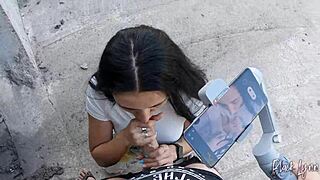 She begged me to film her blowjob skills, swallowing cum outdoors.