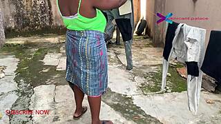 Horny cheating housewife gets watched by gateman while drying clothes, then fucked hard in doggystyle