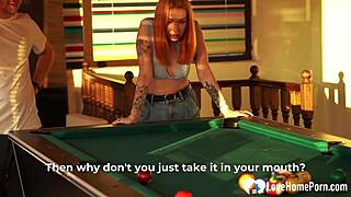 Redhead Couple Plays Billiards In Room, Breaking Rules