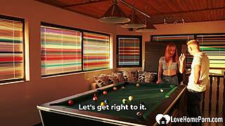 Redhead Couple Plays Billiards In Room, Breaking Rules