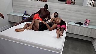 Behind the scenes, pregnant girl does DP with multiple guys in recording afternoon.