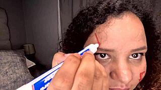 i watch the bbw colored girl deepthroat a dildo with dirty words on her whore face feeling humiliated