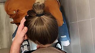 Cougar Student Sucks Huge Cock In Bathroom