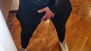 horny guy in leather jerks off