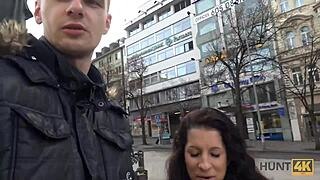 A guy takes money from a hunter who wanted to fuck his girlfriend in a pickup.