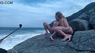 Brazilian amateur photo shoot on rocks showcasing small tits.