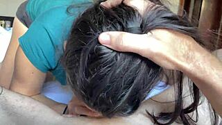 Slutty brunette with hard tits gives deep blowjob to big pink cock.