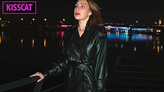 hottie with tattoo on big tits in leather coat gets fucked hard in pov till cum inside pussy 😈💦