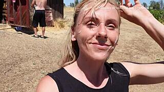 Sex outside the barn with cum walk and public shower