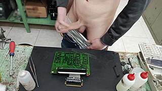 skinny young amateur with big cock blasts huge cumshot on client's machine