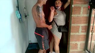 Hard fucking at the door before work, sending her out with wet pussy