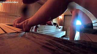 wife relaxes in sauna and teases strangers