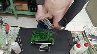 skinny young amateur with big cock blasts huge cumshot on client's machine