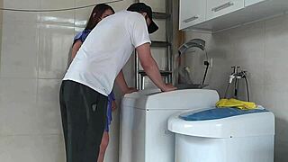 Housewife seduces technician fixing washing machine outdoors