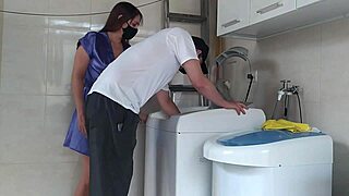 Housewife seduces technician fixing washing machine outdoors
