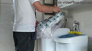 Housewife seduces technician fixing washing machine outdoors