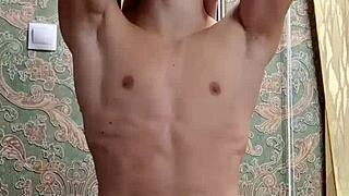 skinny boy flexes after study