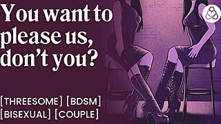 femdom disciplines her submissive boyfriend, making him orgasm before cumming in threesome