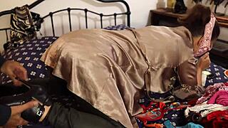 A French amateur engages in clothed sex, adorned in satin lingerie and leather pants, performing rimming, blowjob, and doggystyle in POV.