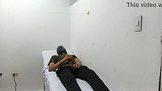 Kinky doctor masturbates his cock in the office.