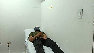 Kinky doctor masturbates his cock in the office.