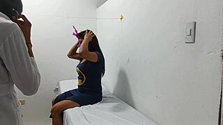 Kinky doctor masturbates his cock in the office.