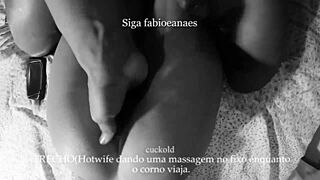 Hotwife massages the repairman's big cock while her cuckold husband is away, filming it all for him