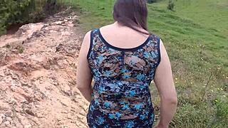 Amateur mother-in-law exposes huge pussy to stepson in forest