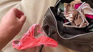 Stepsister jerks my cock with her wet panties and I cum on her tits