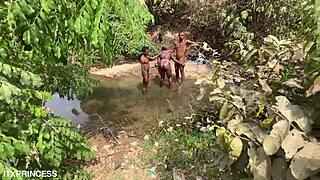 We took turns and fucked a bitch in the stream