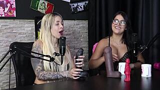 the blonde and brunette show off their blowjob skills then reveal tits and measure ass